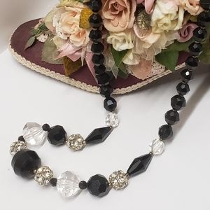 Carol Dauplaise Black Lucite & Acrylic Crystal Beaded Necklace Designer Signed